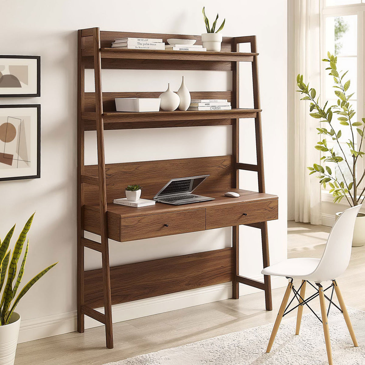 Versatile ladder desk elevates your home office with warm walnut finish and open shelving || EEI-6073-WAL || front_angle_room