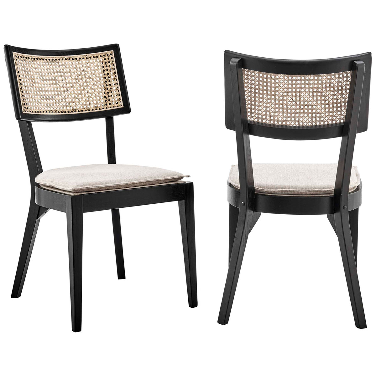 Set of two black wood dining chairs with woven rattan backs and beige seat cushions for cozy gatherings || EEI-6080-BLK-BEI || front_angle_multi_studio