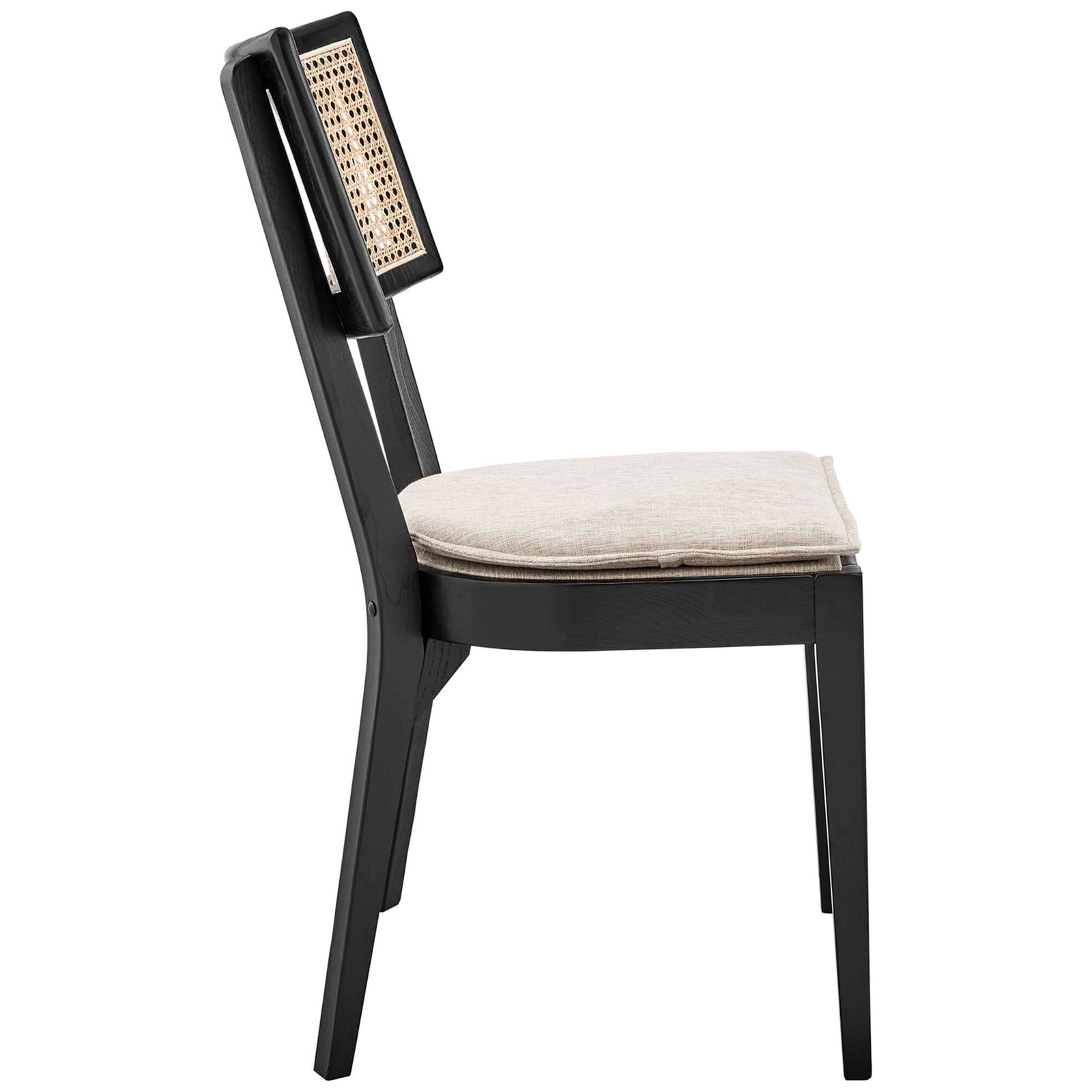 Side profile of black wood dining chair with flared legs, rattan backrest, and padded beige seat || EEI-6080-BLK-BEI || side_studio