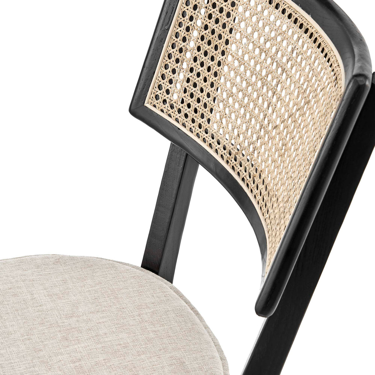 Intricate woven rattan back framed in black wood above a softly textured beige upholstered seat || EEI-6080-BLK-BEI || detail_studio