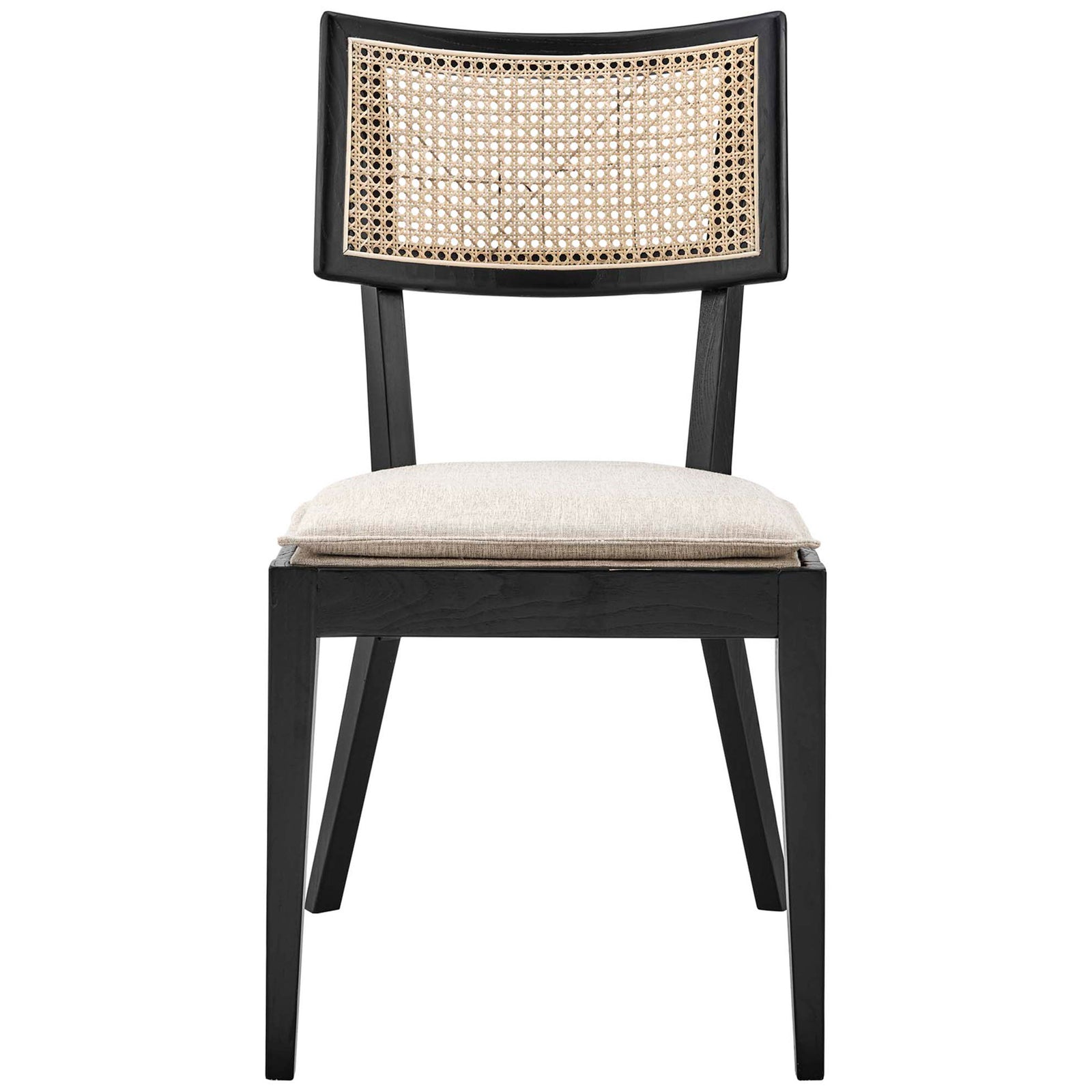 Black wood dining chair with woven rattan backrest and beige upholstered seat for modern farmhouse tables || EEI-6080-BLK-BEI || front_studio