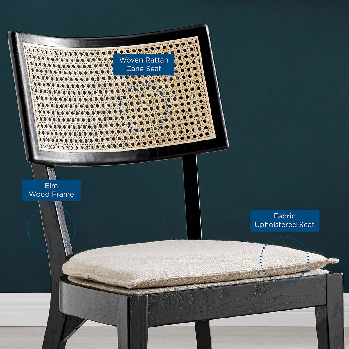 Feature callouts highlighting the black elm wood frame, woven rattan back, and cushioned beige fabric seat || EEI-6080-BLK-BEI || callout_room