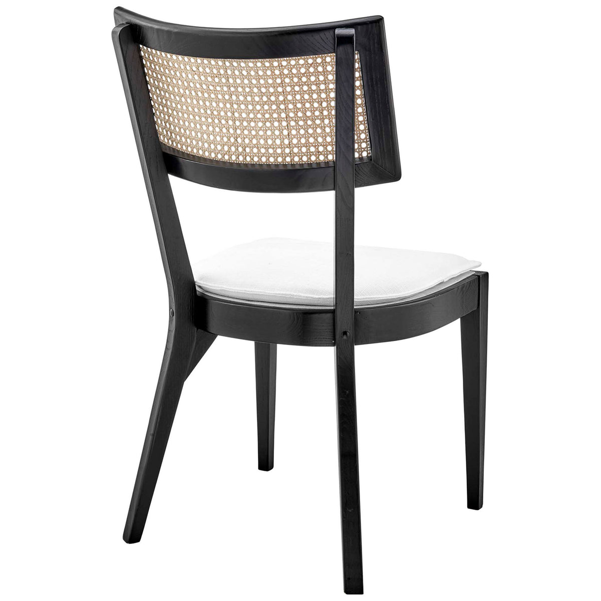 Dining chair with airy woven rattan cane back and sleek black wood frame || EEI-6080-BLK-WHI || back_angle_studio