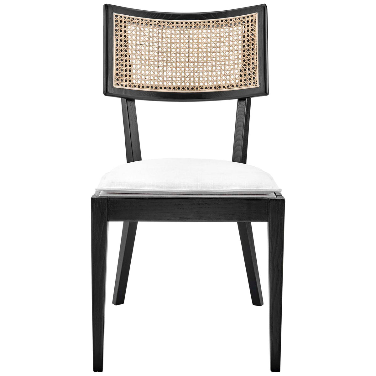Black wood dining chair with woven rattan backrest and plush white upholstered seat || EEI-6080-BLK-WHI || front_studio