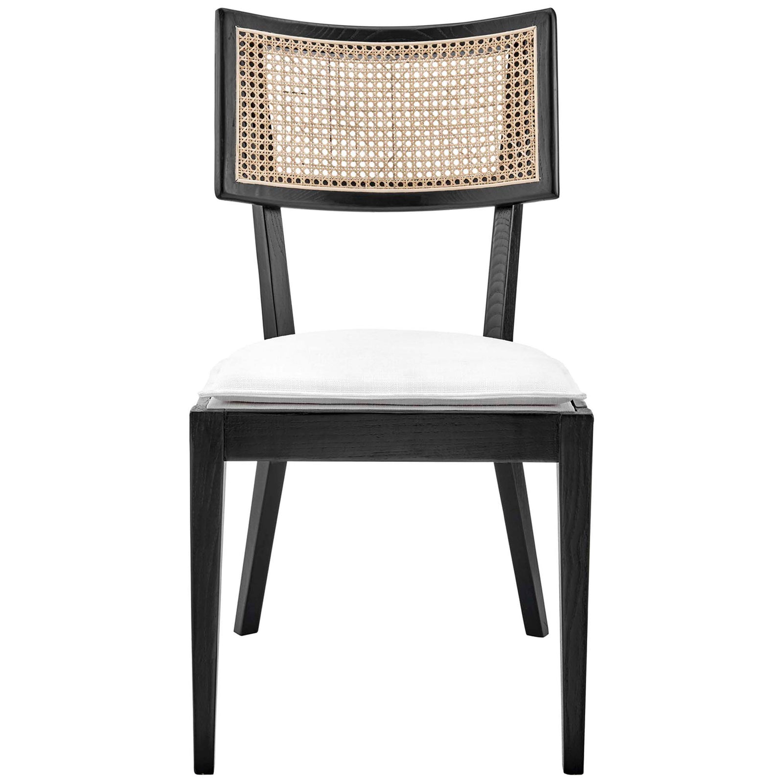Black wood dining chair with woven rattan backrest and plush white upholstered seat || EEI-6080-BLK-WHI || front_studio