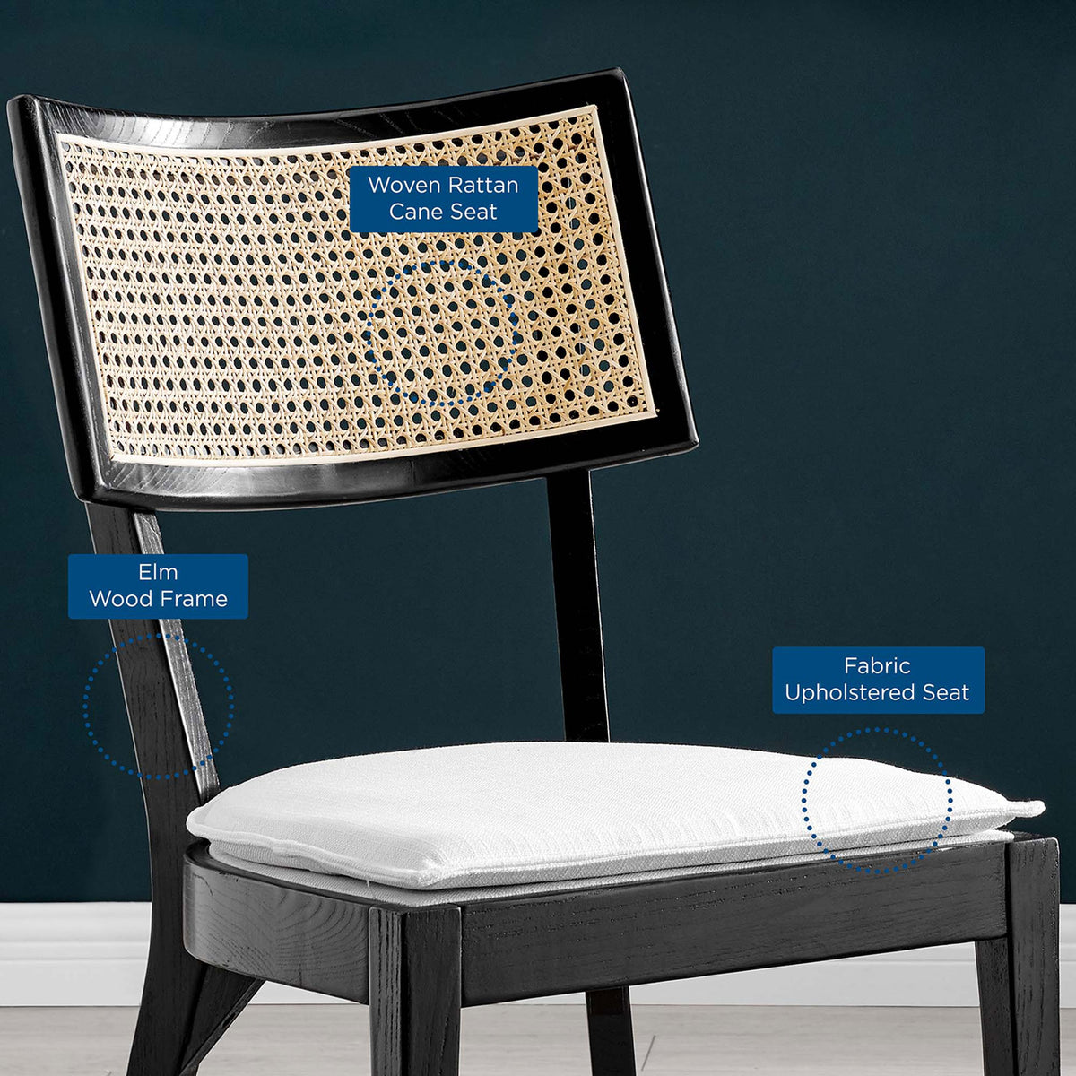 Dining chair highlighting elm wood frame, woven rattan cane back, and fabric upholstered seat with callouts || EEI-6080-BLK-WHI || callout_room