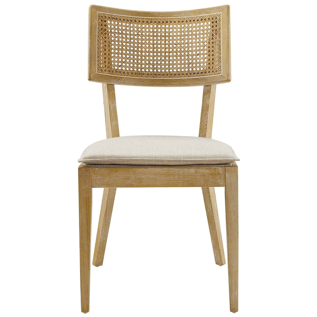 Gray beige upholstered dining chair with curved rattan backrest and warm elm wood frame || EEI-6080-GRY-BEI || front_studio