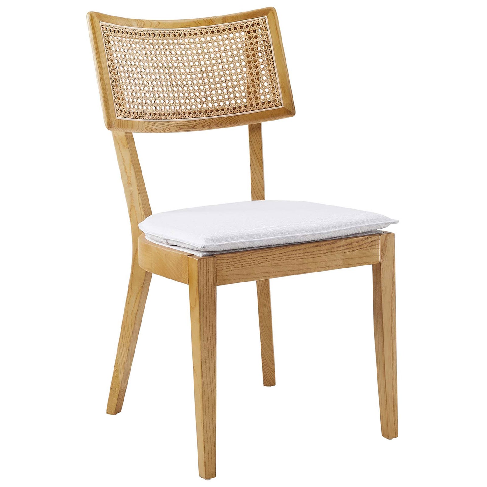 Elm wood dining chair reveals its sculpted legs, woven cane backrest, and tailored white cushion || EEI-6080-NAT-WHI || front_angle_studio