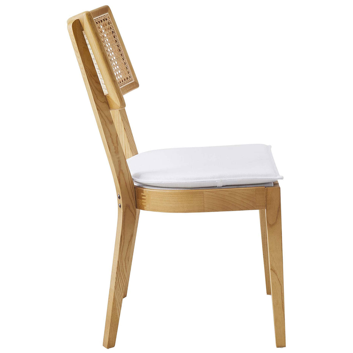 Slim side profile highlights the gently curved wood frame and supportive cushioned seat of the chair || EEI-6080-NAT-WHI || side_studio