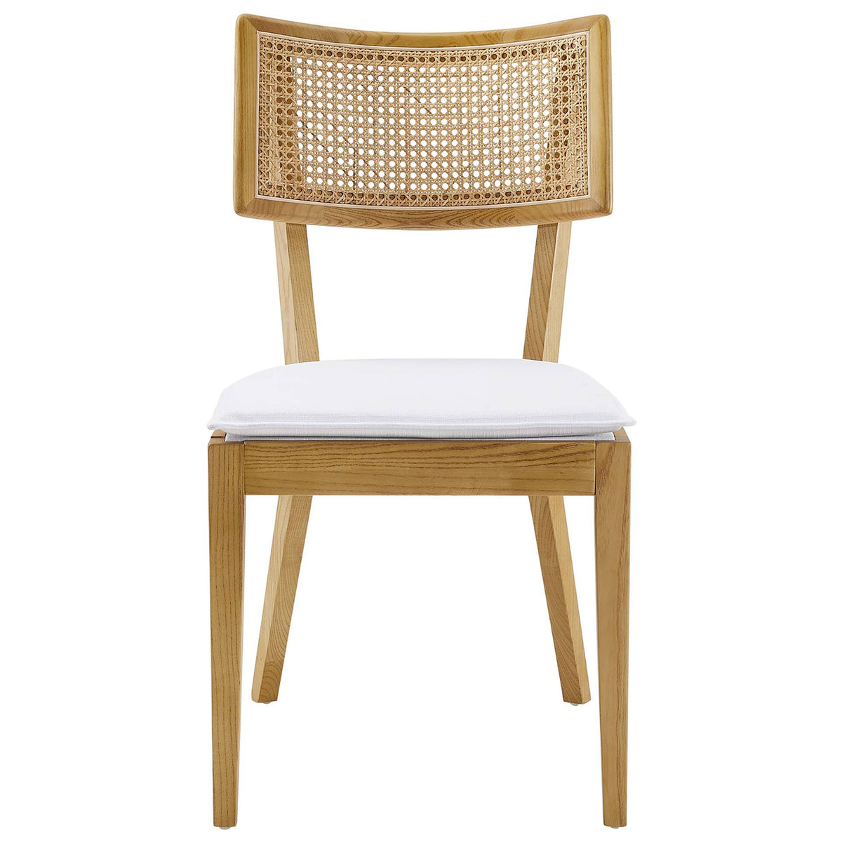 Natural wood dining chair with curved rattan back and crisp white upholstered seat for airy farmhouse charm || EEI-6080-NAT-WHI || front_studio
