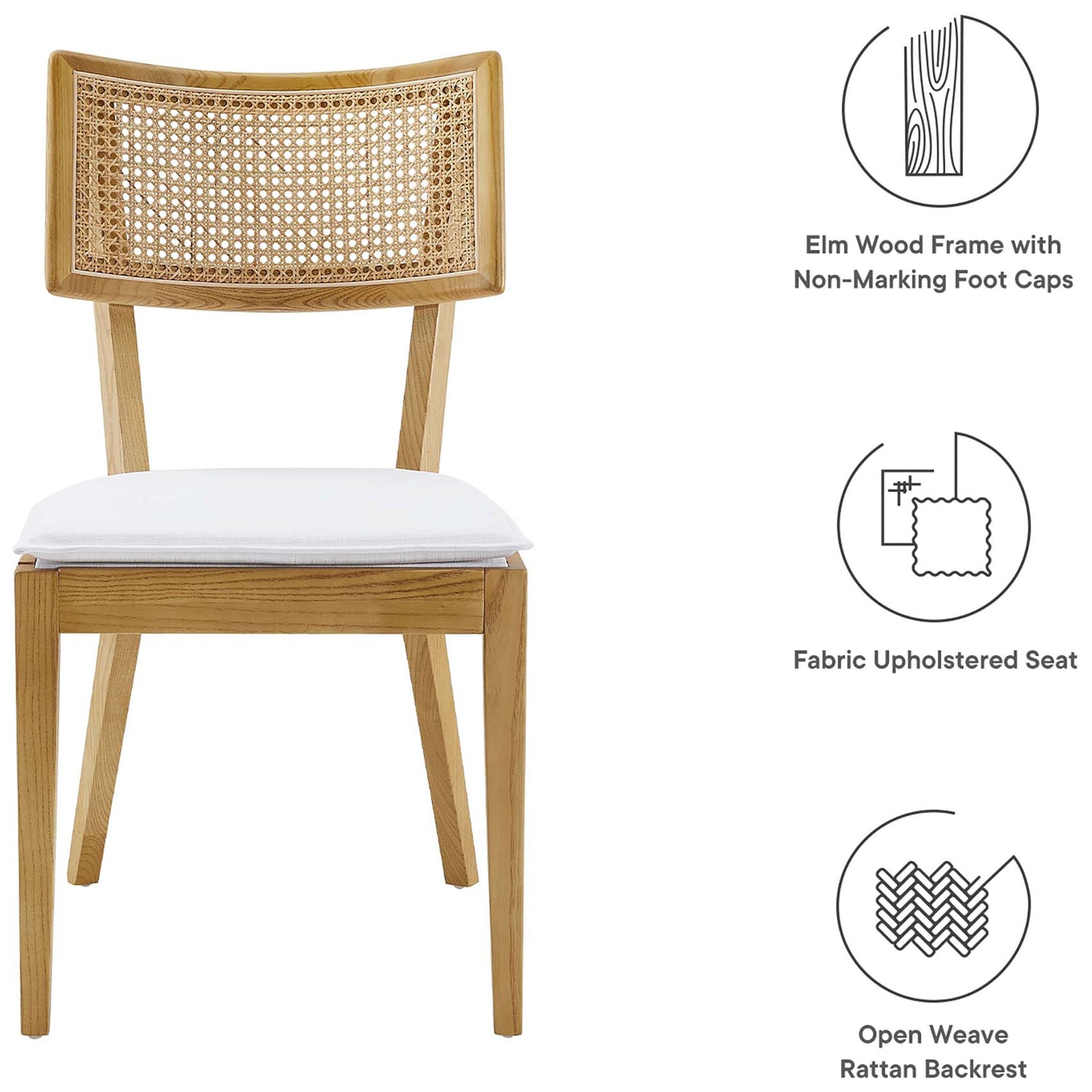 Feature overview highlights the elm wood frame, rattan back, fabric seat, and non marking foot caps || EEI-6080-NAT-WHI || callout_studio