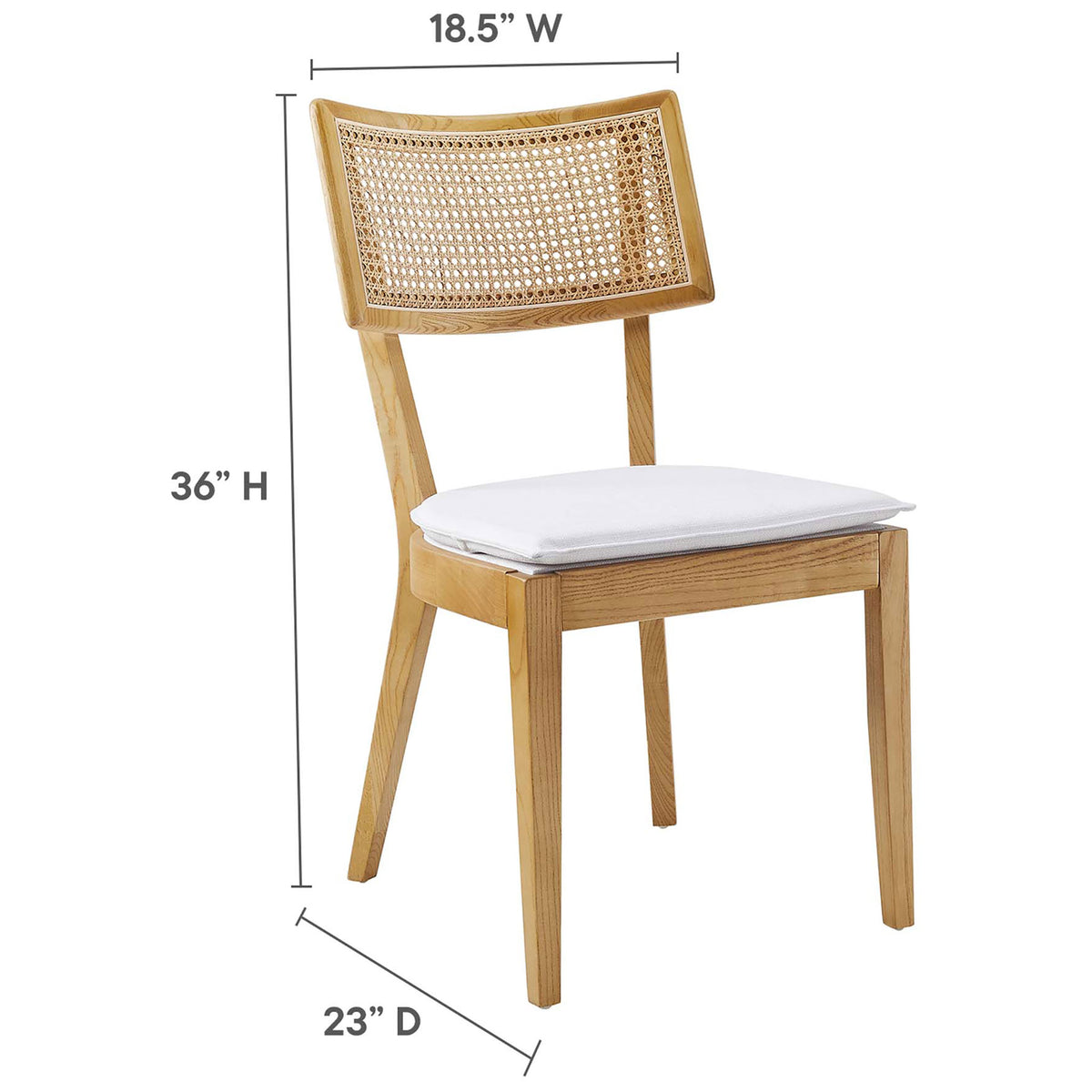 Caledonia dining chair shown with measurements to illustrate overall height, seat size, and depth || EEI-6080-NAT-WHI || dimension_studio