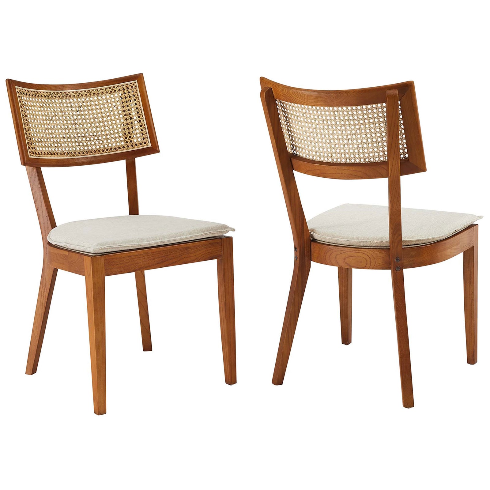 Two walnut dining chairs with airy rattan backs and beige upholstered seats for relaxed farmhouse style. || EEI-6080-WAL-BEI || front_angle_multi_studio