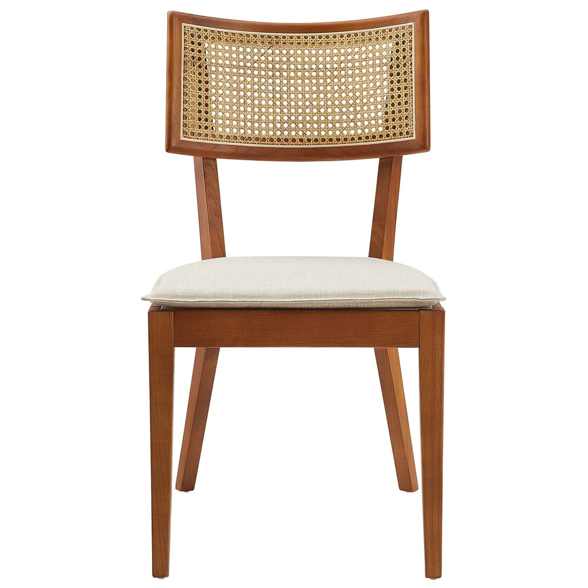 Walnut dining chair with open weave rattan back and tailored beige cushion for a refined boho look. || EEI-6080-WAL-BEI || front_studio