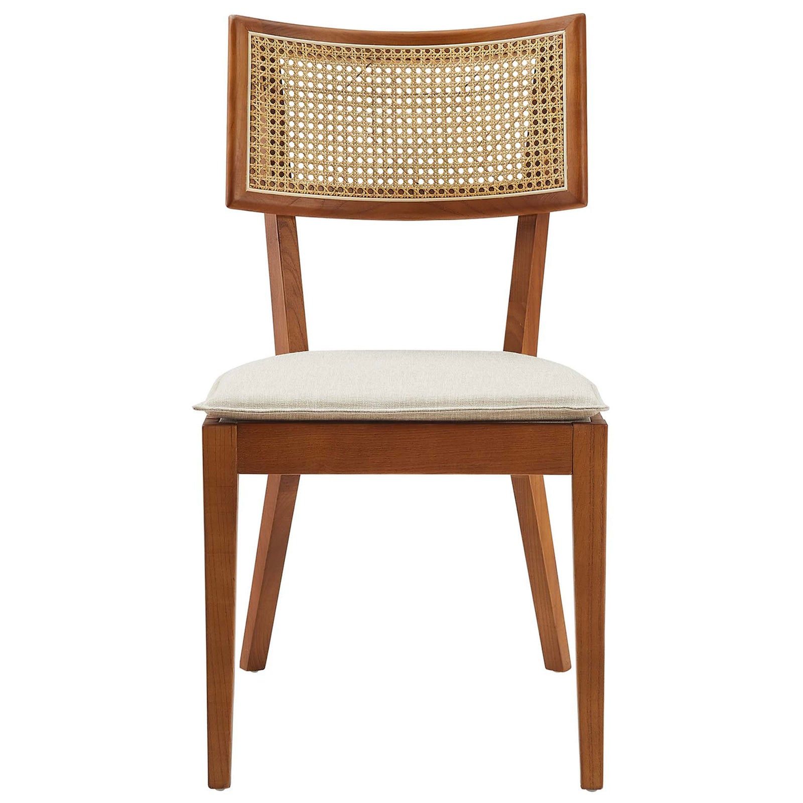 Walnut dining chair with open weave rattan back and tailored beige cushion for a refined boho look. || EEI-6080-WAL-BEI || front_studio