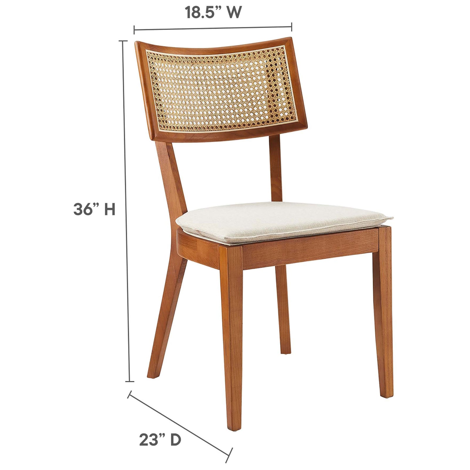 Walnut and beige upholstered dining chair shown with labeled height, width, and depth measurements. || EEI-6080-WAL-BEI || dimension_studio