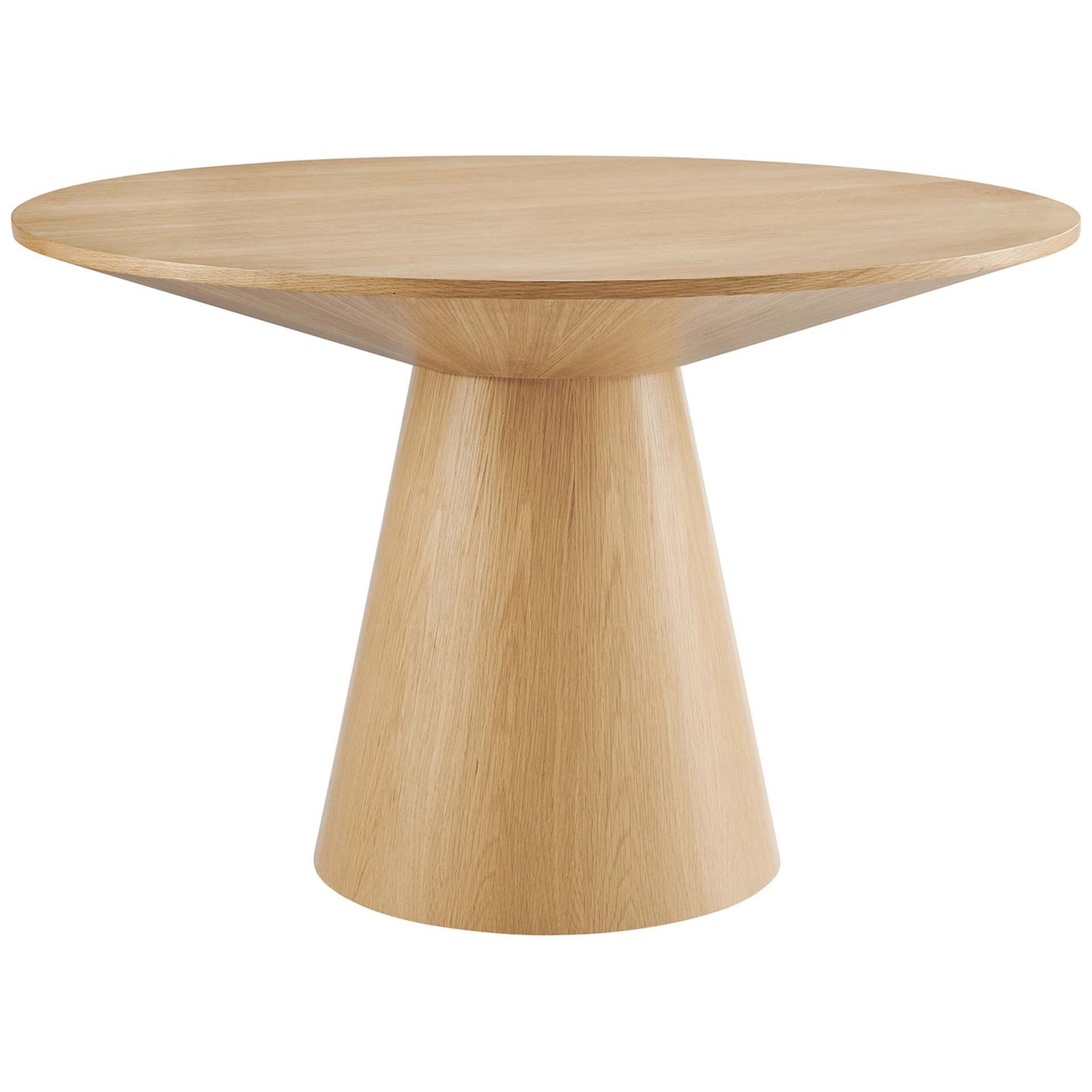 Round oak pedestal dining table with smooth wood grain top and bold modern silhouette || EEI-6102-OAK || front_studio