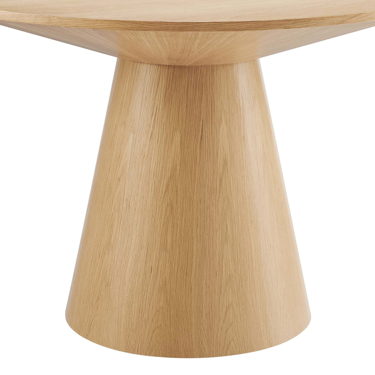 Tapered oak pedestal base provides sculptural support and sturdy foundation for the round table || EEI-6102-OAK || leg_studio