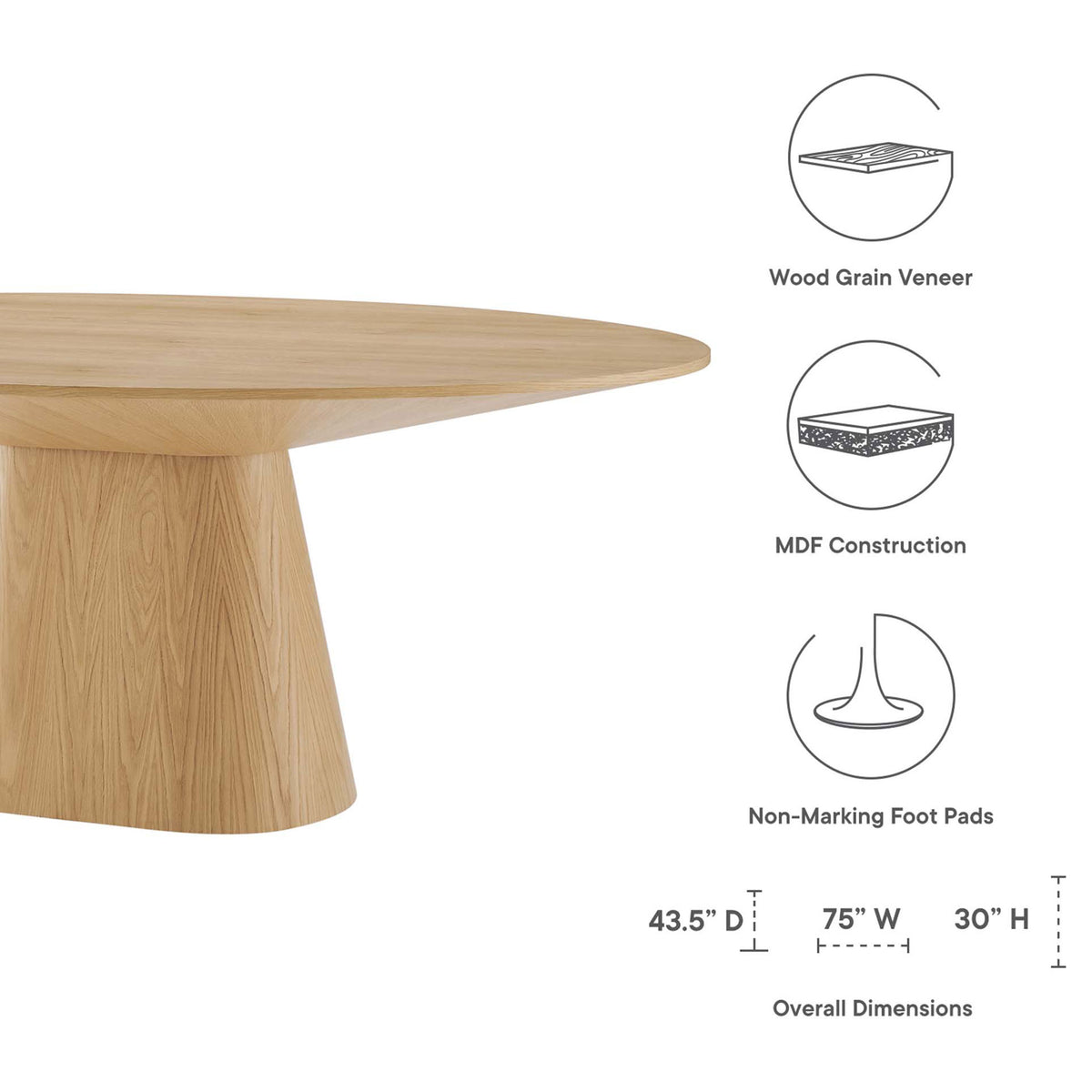 Diagram highlighting wood grain veneer, durable MDF construction, non marking pads, and table dimensions || EEI-6102-OAK || dimension_studio