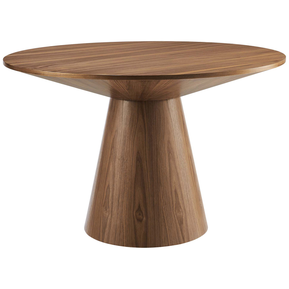 Sleek walnut round dining table with sculptural pedestal base and rich wood grain finish || EEI-6102-WAL || front_angle_studio