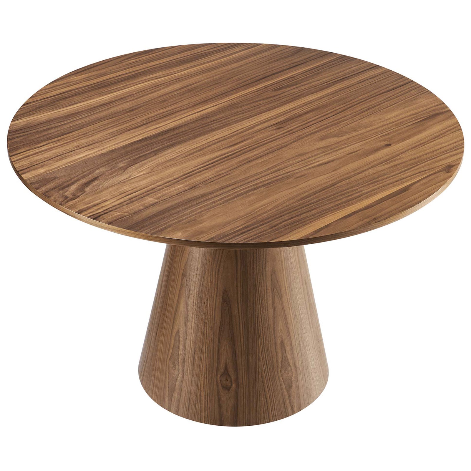 Round walnut tabletop highlighting the linear wood grain pattern and generous surface space || EEI-6102-WAL || top_angle_studio