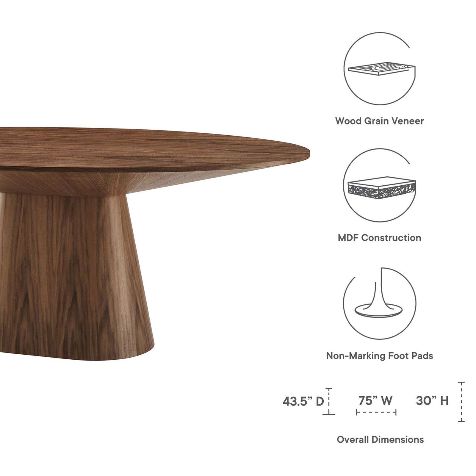 Provision dining table features wood grain veneer, MDF construction, and non-marking foot pads || EEI-6102-WAL || dimension_studio
