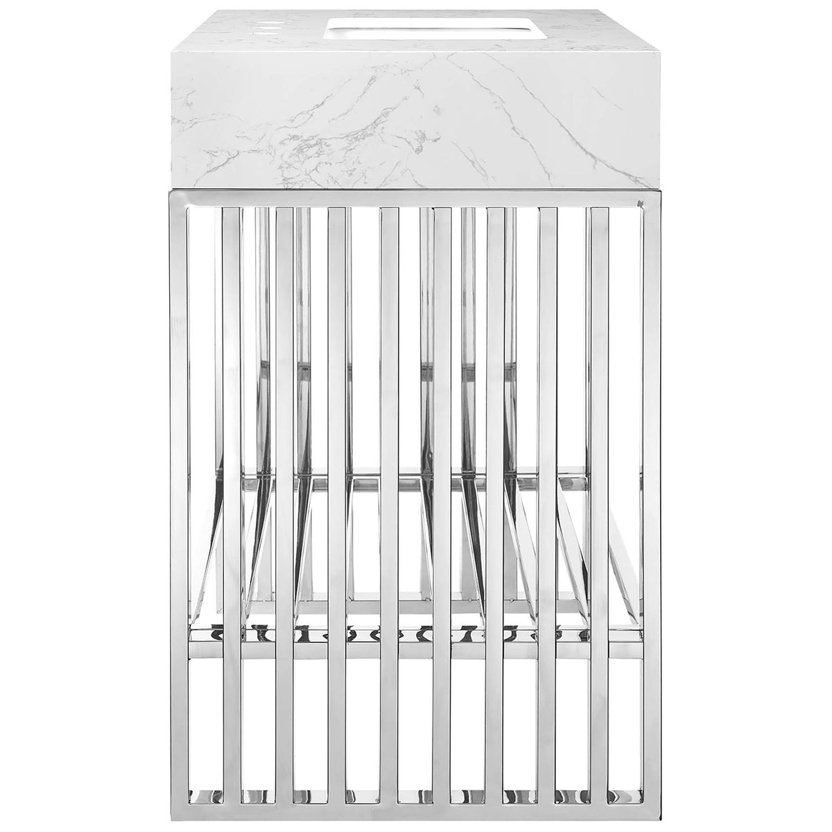Sleek vertical-bar profile with open storage shelf below || EEI-6105-WHI-SLV || side_studio