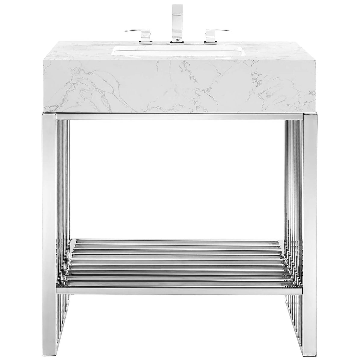 Modern open-frame vanity with thick marbled basin and airy slatted shelf || EEI-6105-WHI-SLV || front_studio