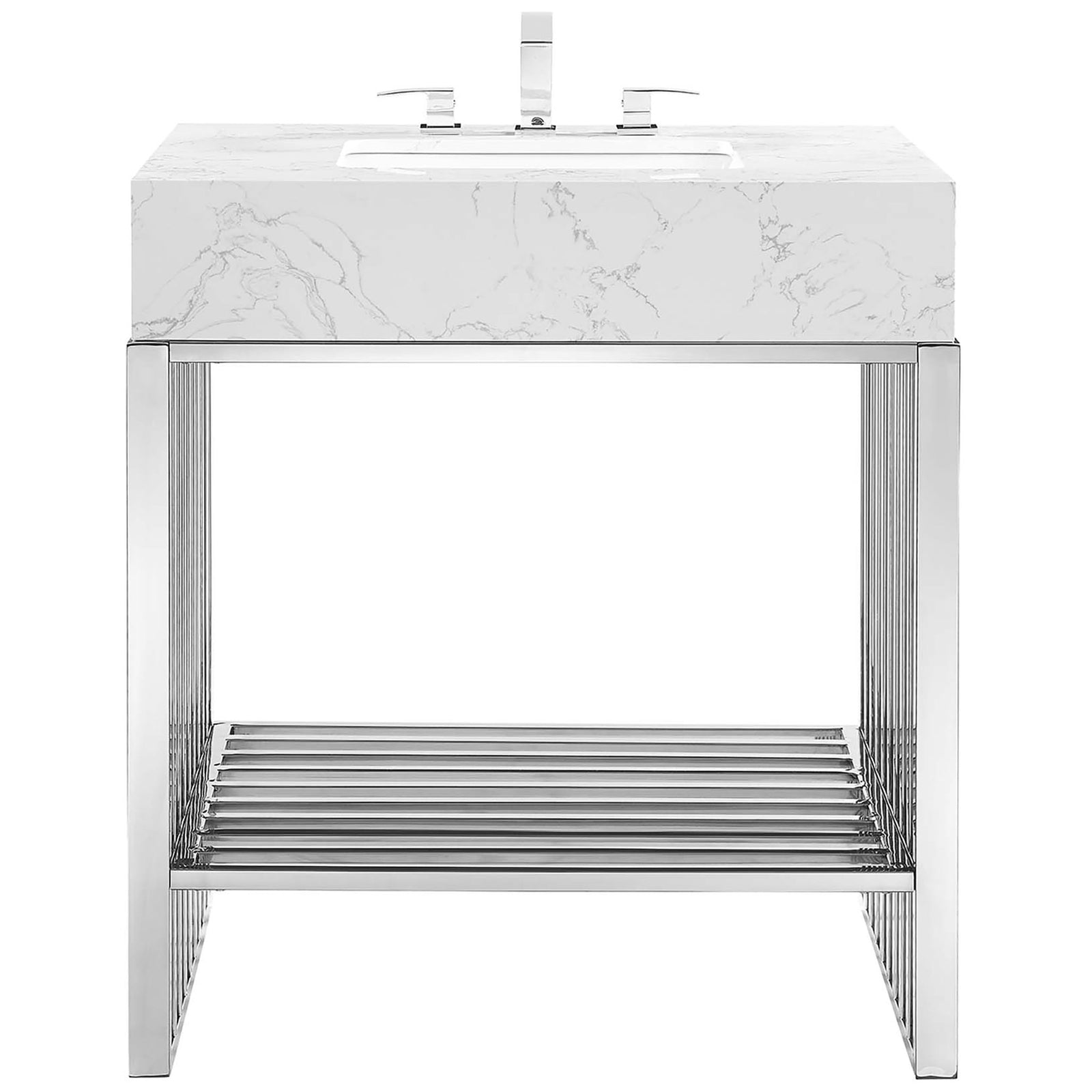 Modern open-frame vanity with thick marbled basin and airy slatted shelf || EEI-6105-WHI-SLV || front_studio