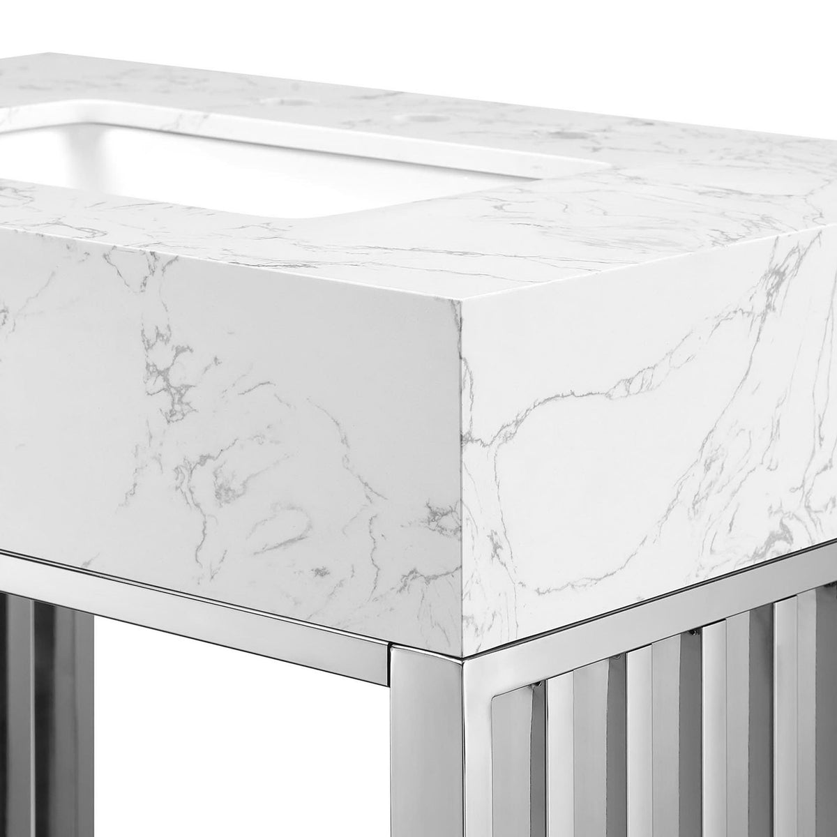 Veined marble-look top with smooth, thick edges || EEI-6105-WHI-SLV || detail_studio