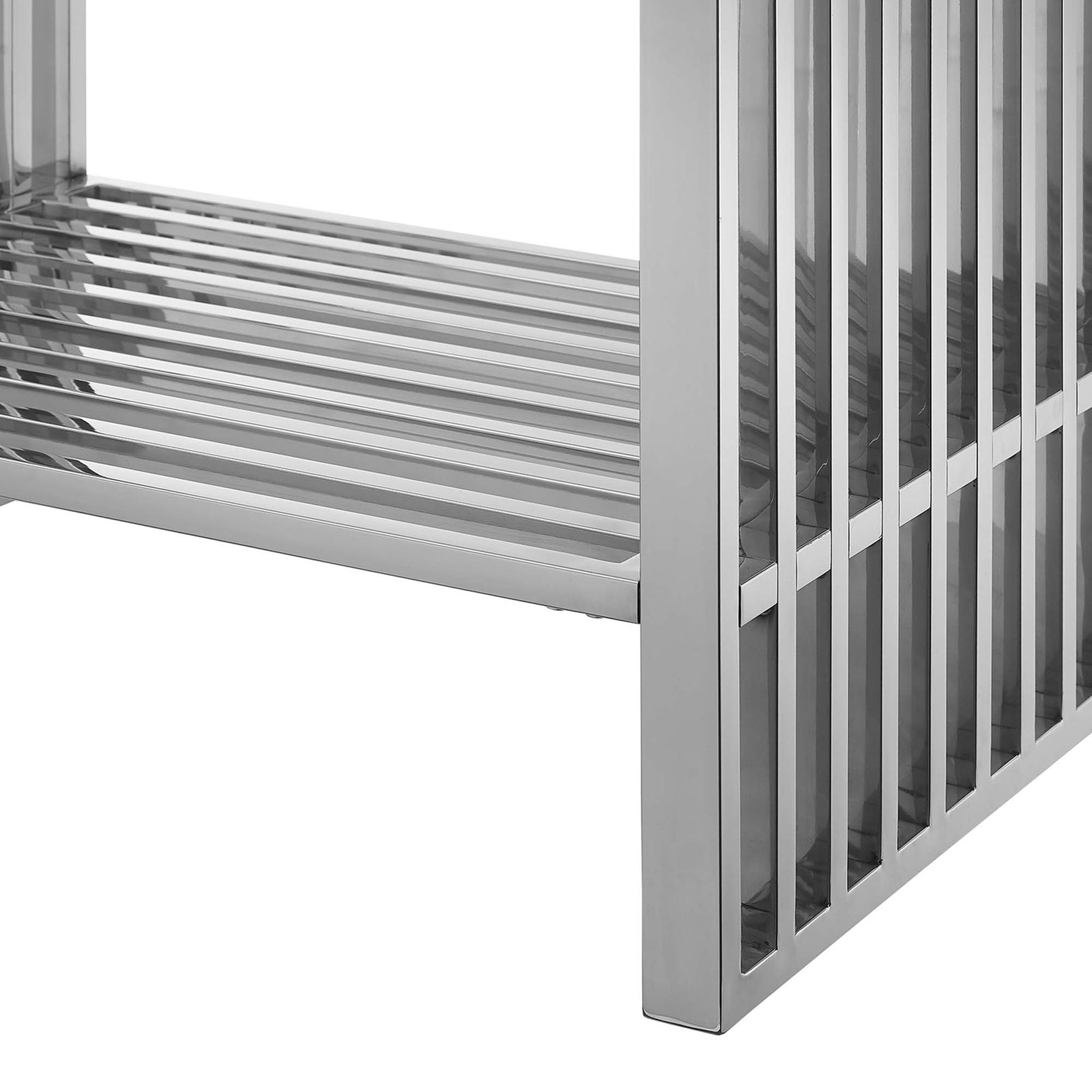Polished slatted shelf and squared foot pads for stable support || EEI-6105-WHI-SLV || leg_studio