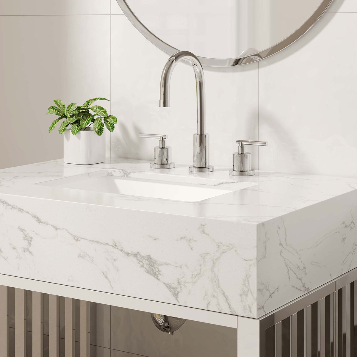Marble-look sink and chrome accents create a clean, spa-like feel || EEI-6105-WHI-SLV || detail_room
