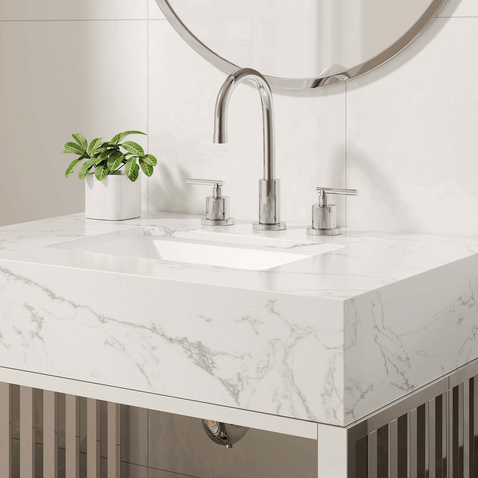 Marble-look sink and chrome accents create a clean, spa-like feel || EEI-6105-WHI-SLV || detail_room