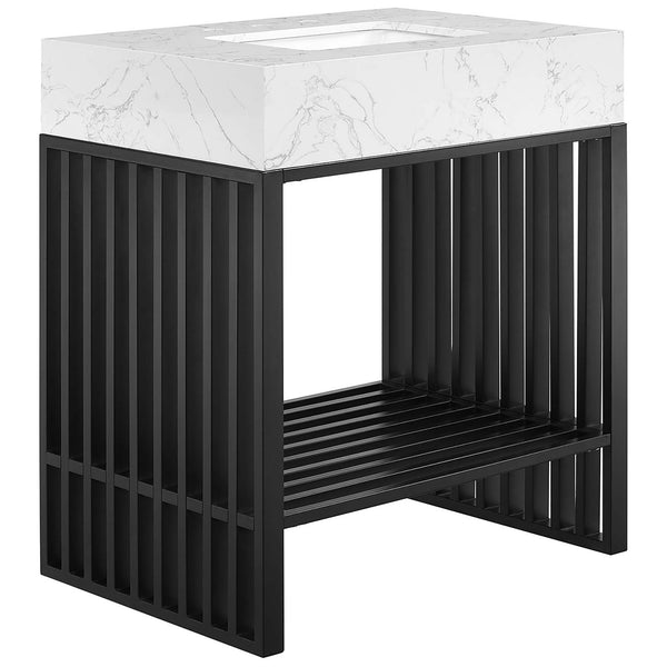 Crisp marble-look sink atop a matte black open frame with slatted storage shelf || EEI-6106-WHI-BLK || front_angle_studio