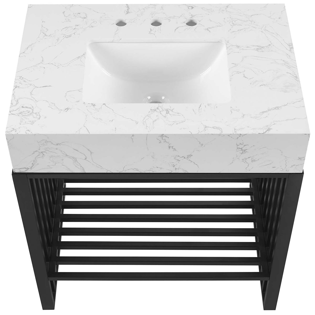 Top view shows deep basin and pre-drilled widespread faucet holes on marble-look counter || EEI-6106-WHI-BLK || top_studio