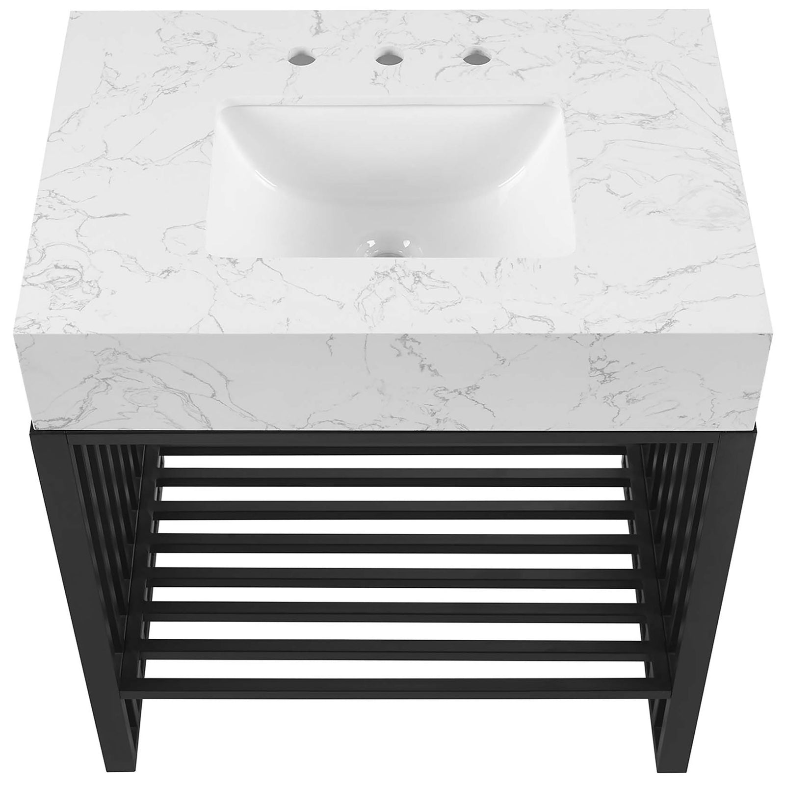 Top view shows deep basin and pre-drilled widespread faucet holes on marble-look counter || EEI-6106-WHI-BLK || top_studio