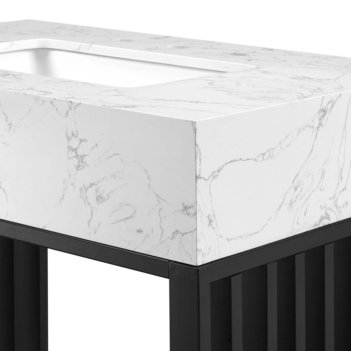 Thick, veined marble-look countertop with crisp square edges || EEI-6106-WHI-BLK || detail_studio