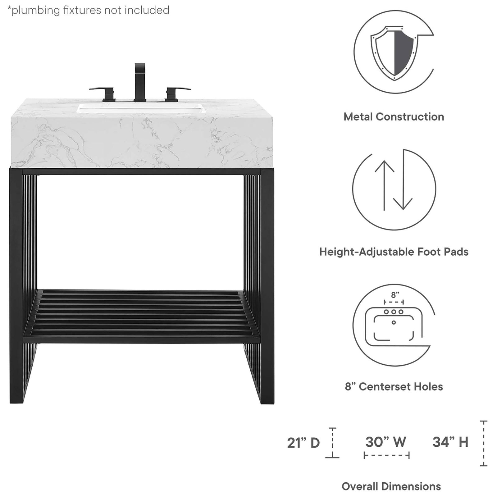 Feature icons and overall dimensions with 8-inch widespread holes callout || EEI-6106-WHI-BLK || dimension_studio