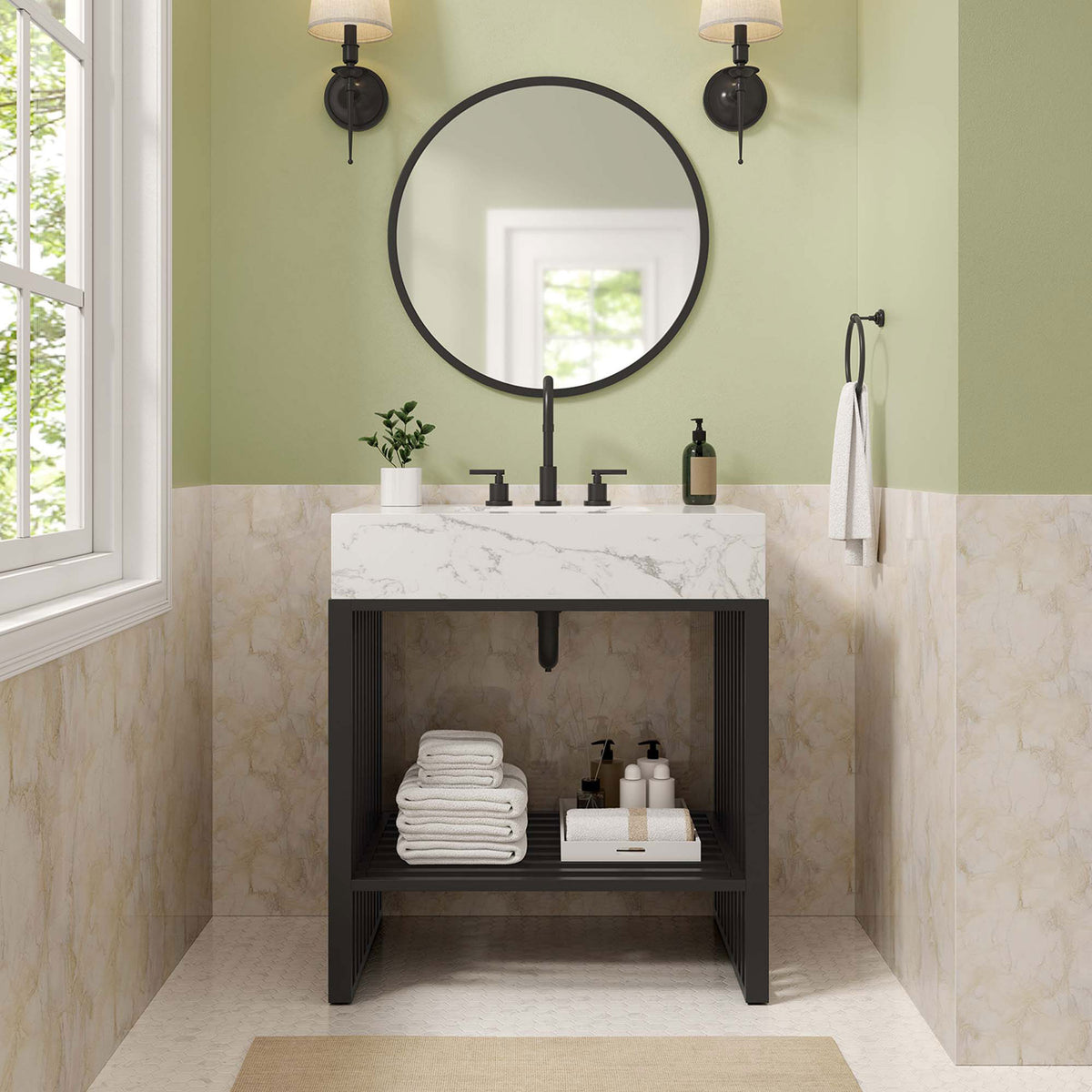 Open-frame vanity with marble-look top styled with towels on the slatted shelf || EEI-6106-WHI-BLK || front_room