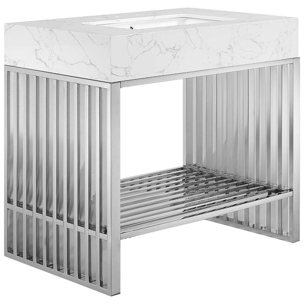 Sculpted square sink perched on a polished, linear steel base || EEI-6107-WHI-SLV || front_angle_studio