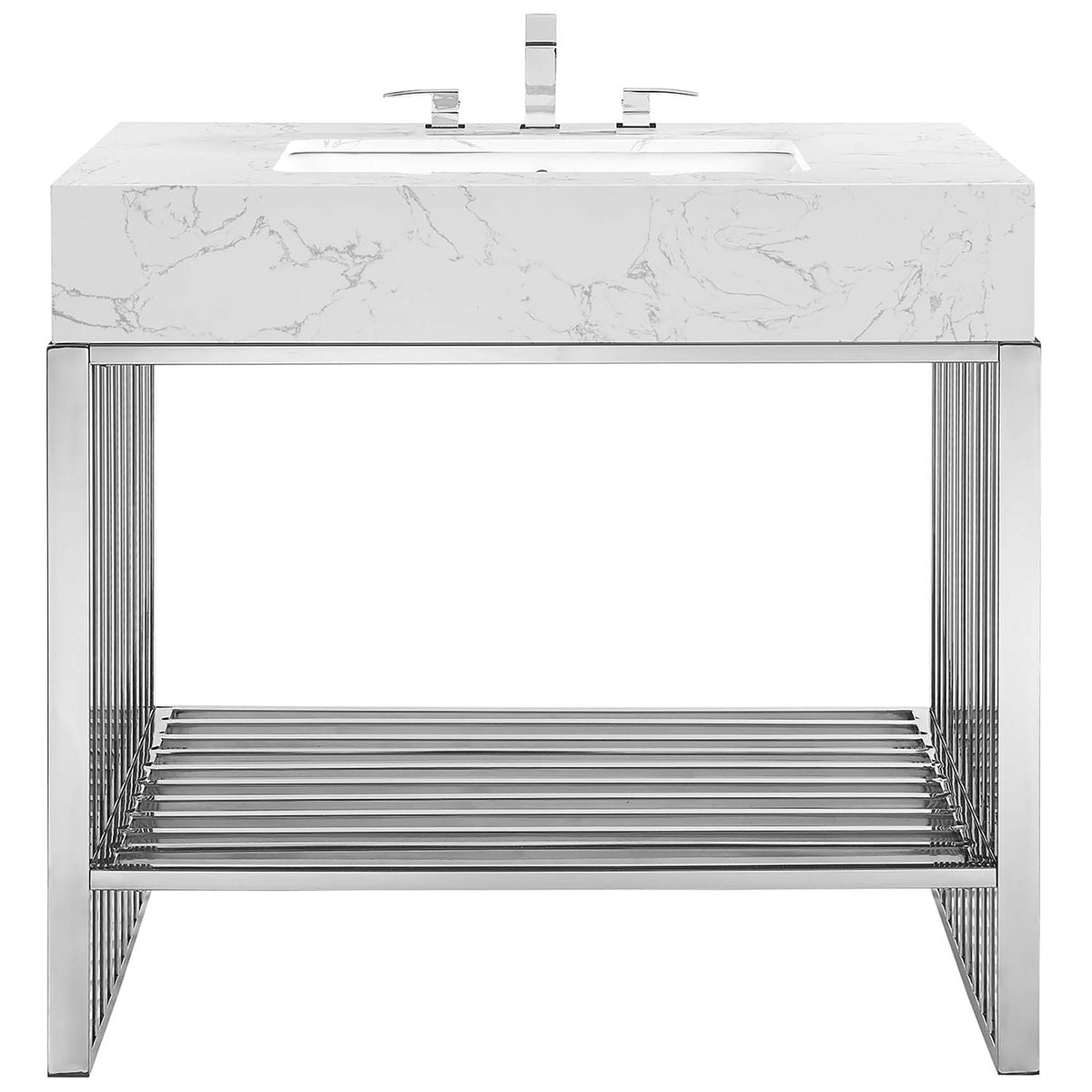 Contemporary vanity with bold marbled top and open stainless grid shelf || EEI-6107-WHI-SLV || front_studio