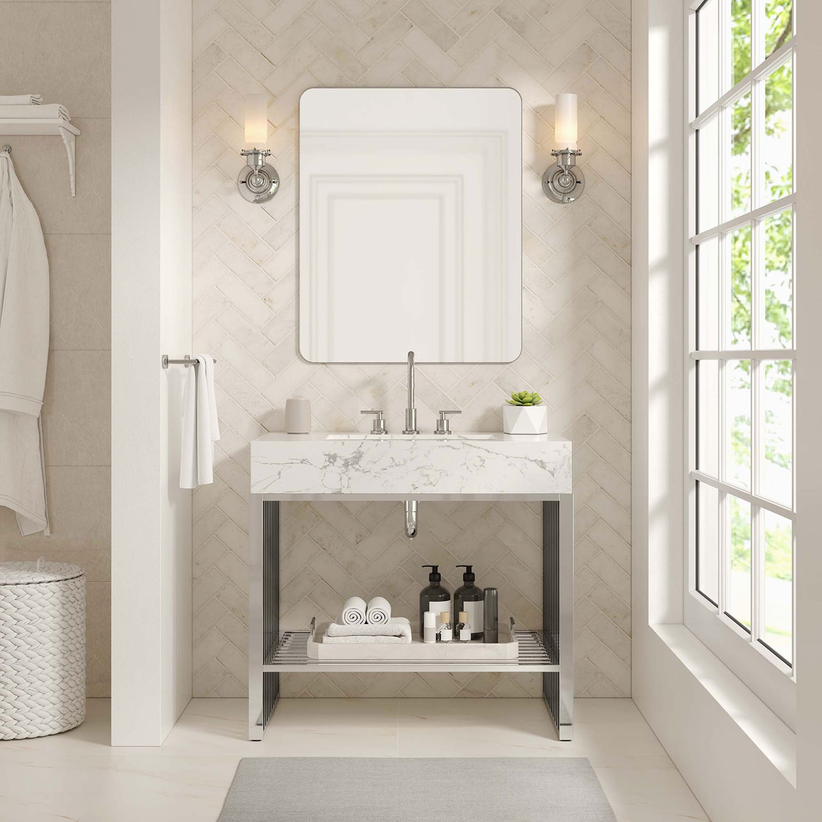 Crisp, airy vanity elevates the bath with modern shine and open storage || EEI-6107-WHI-SLV || front_room