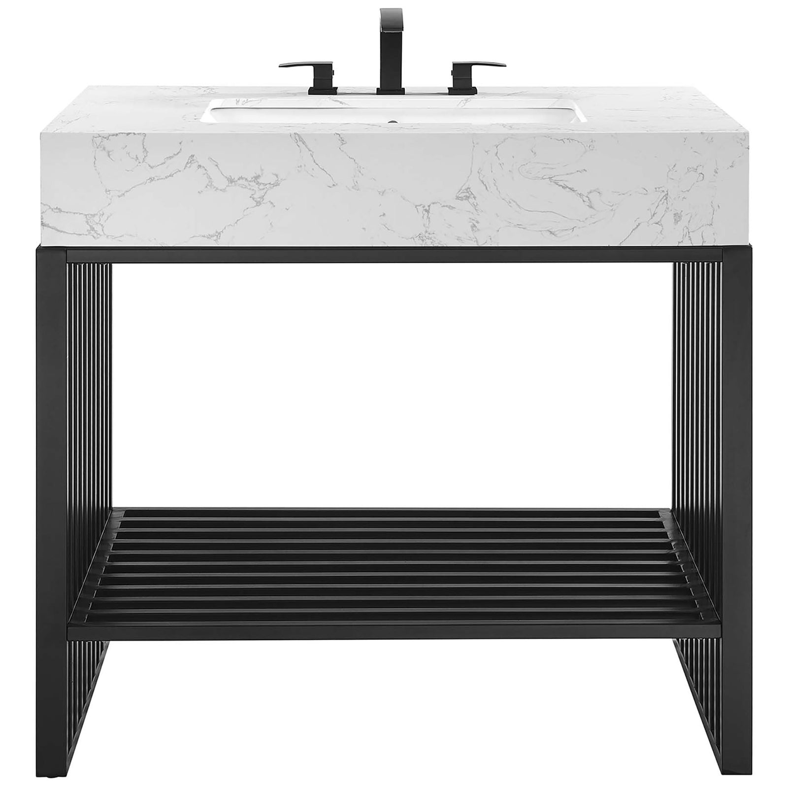 Integrated sink and marble-look top over an open slatted storage shelf || EEI-6108-WHI-BLK || front_studio