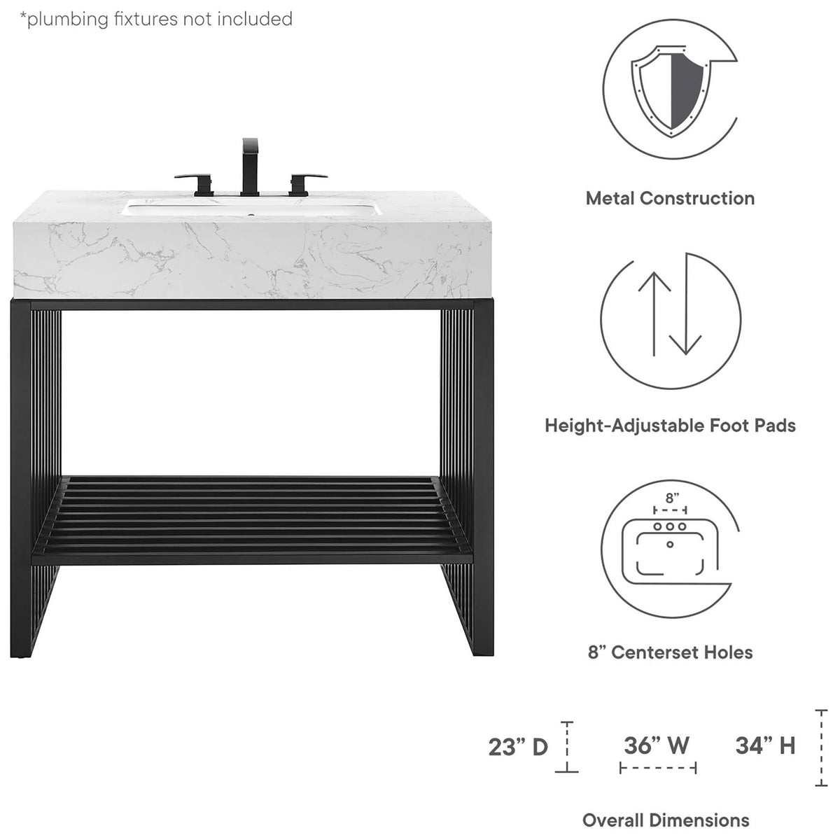 Feature icons and overall dimensions for the vanity || EEI-6108-WHI-BLK || dimension_studio