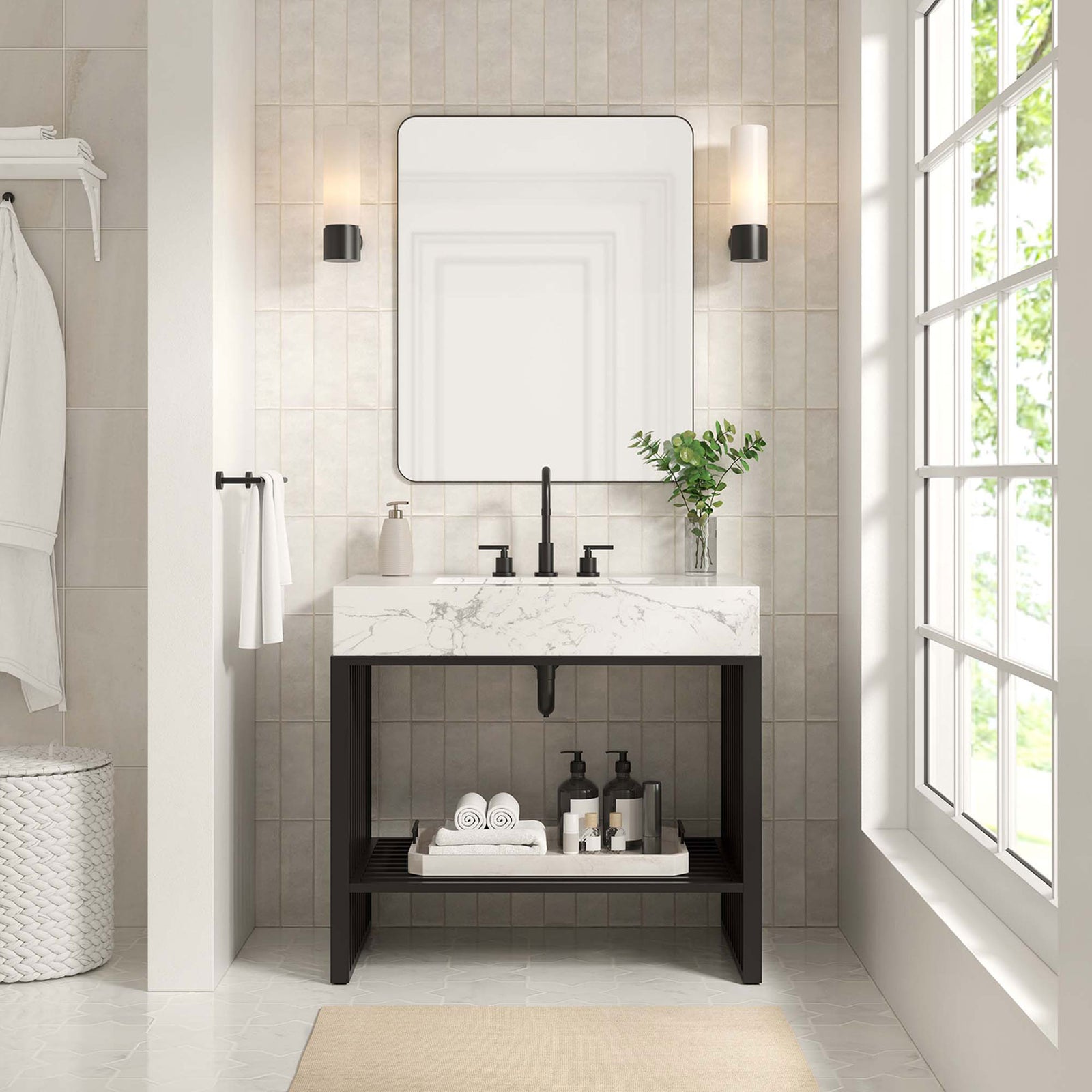 Marble-look sink vanity with open shelf in a bright modern bathroom || EEI-6108-WHI-BLK || front_room