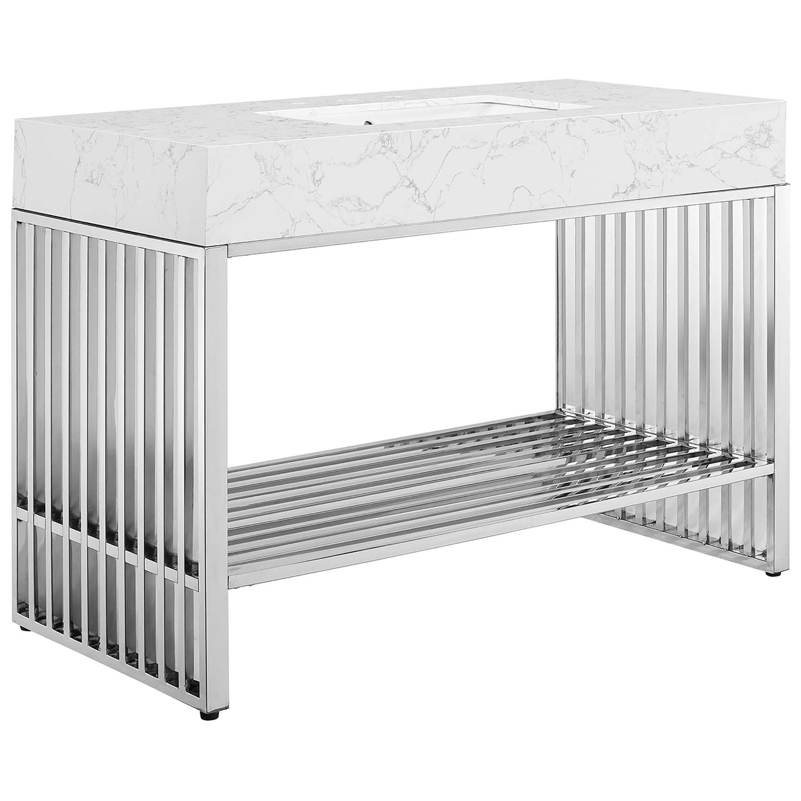 Expansive top and gleaming grid base deliver bold, architectural style || EEI-6109-WHI-SLV || front_angle_studio