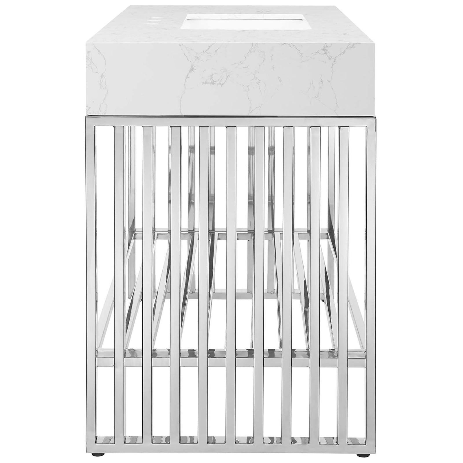 Streamlined vertical-bar profile with open shelving below || EEI-6109-WHI-SLV || side_studio