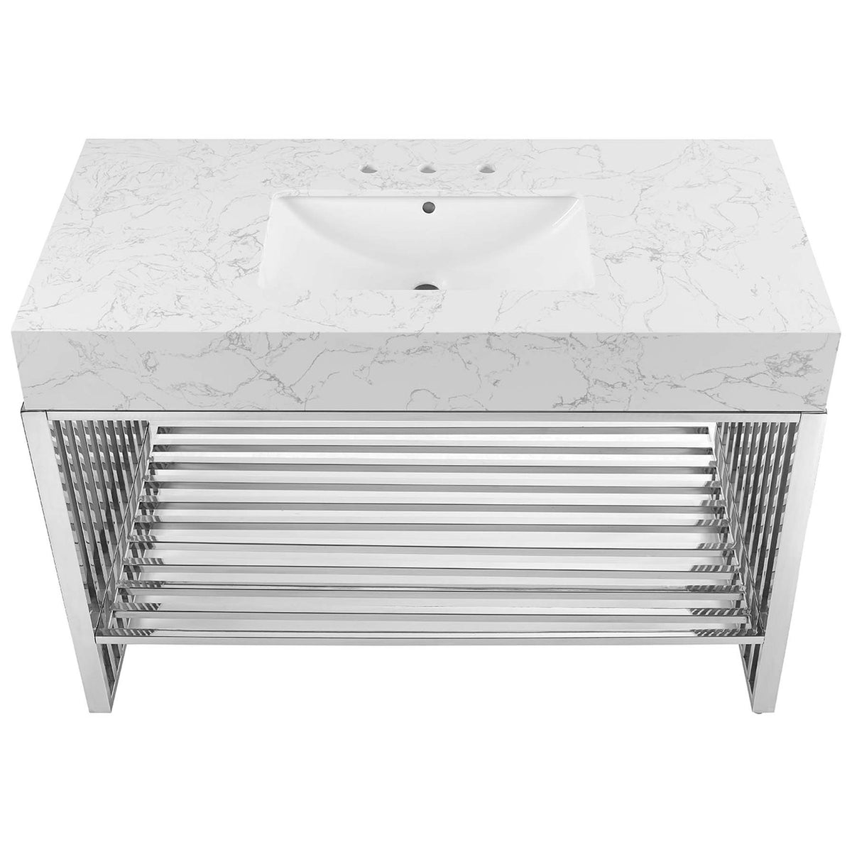 Broad basin and marble-inspired countertop with crisp, square edges || EEI-6109-WHI-SLV || top_studio