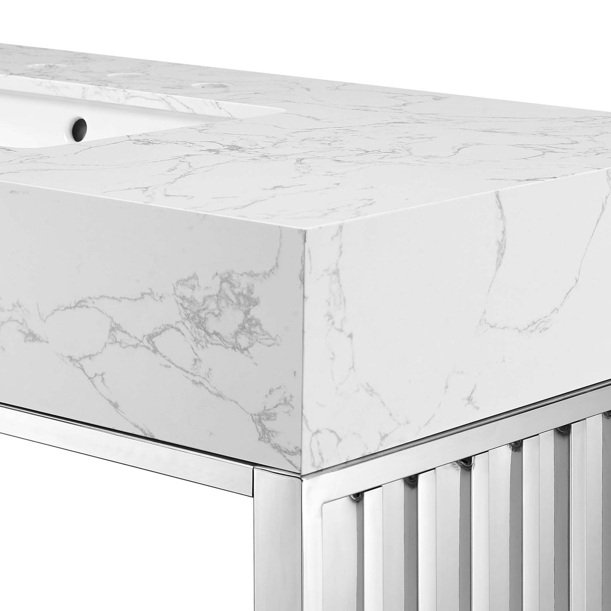 Elegant marble veining highlighted against the polished steel frame || EEI-6109-WHI-SLV || detail_studio