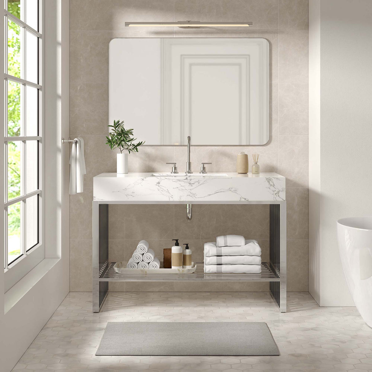 Sleek vanity anchors the bath with bright, contemporary poise and storage || EEI-6109-WHI-SLV || front_room